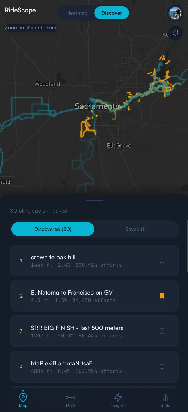 RideScope discovery screen with short amber segment lines scattered along cyan ride routes on a dark map, above a list of named segments with elevation, grade, and effort counts.