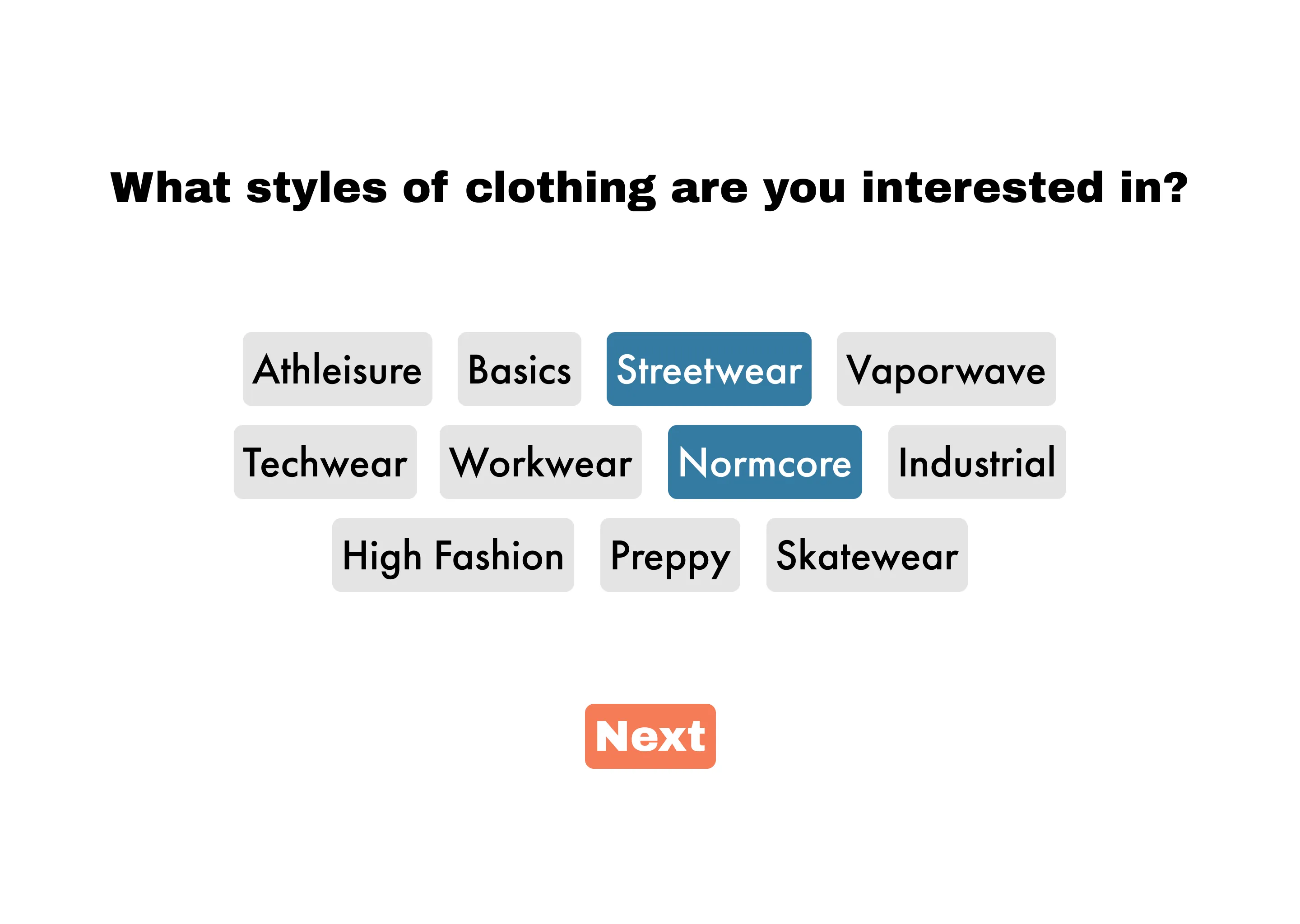 Prototype screen asking the shopper to state what they were looking for, with the answer field left empty.