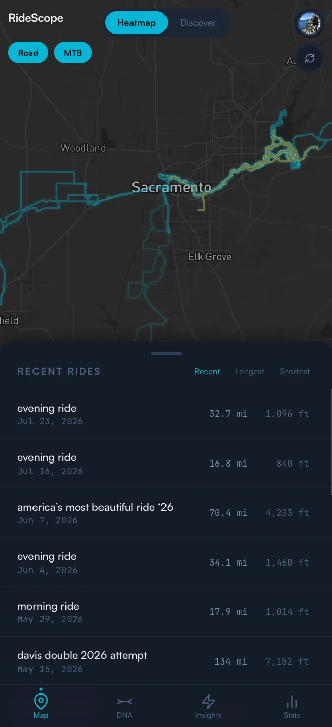 RideScope map screen showing ride routes across the Sacramento region on a dark map, most routes drawn in cyan with the most frequently ridden corridors in amber.