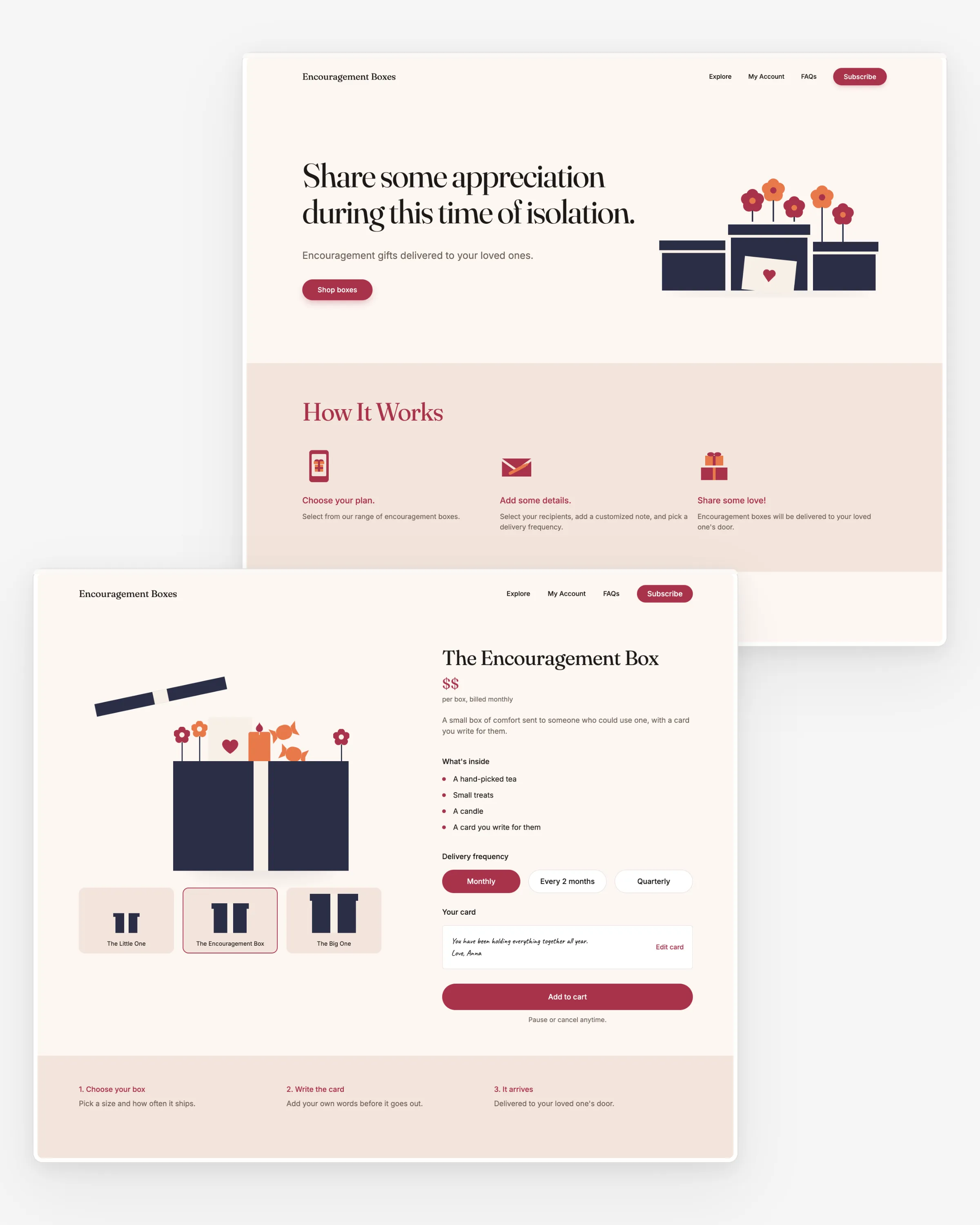 Two white browser frames showing the Encouragement Boxes site, the landing page behind and the product page in front.
