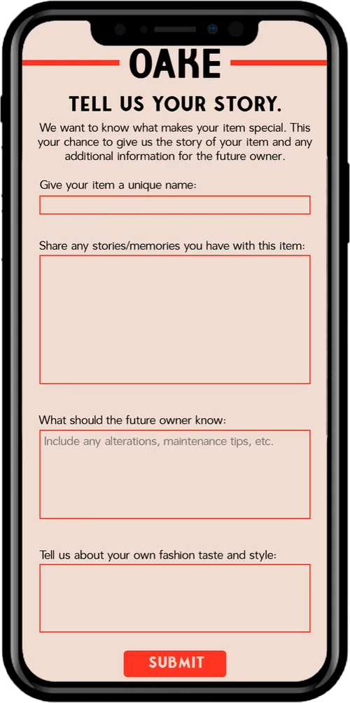 First intake form with name, memory, notes for the future owner, and donor taste fields all visible on one scrolling screen.