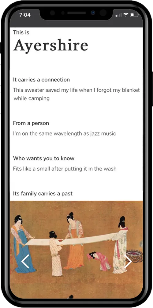 First-pass story card with headings reading It carries a connection and From a person, above a classical painting of women working a bolt of silk.