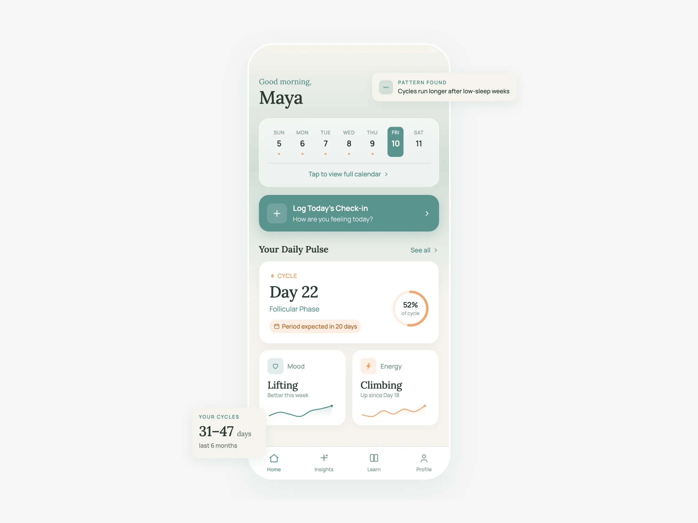 Morie home screen showing a week strip, cycle summary, and mood and energy trend cards, with a pattern callout and a cycle range card floating alongside.