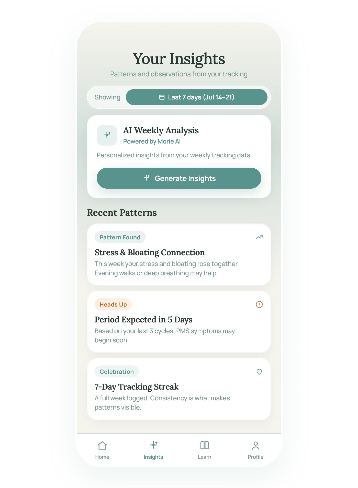 An insights screen showing a seven-day range selector, a weekly analysis card, and three pattern cards covering a stress and bloating connection, an expected period, and a tracking streak.