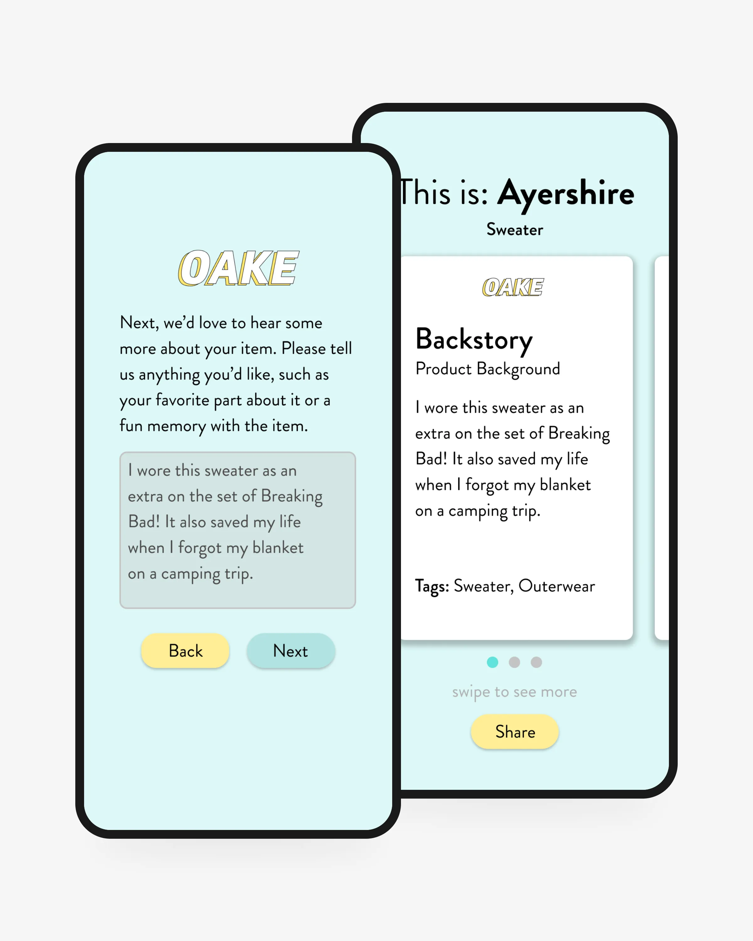 Two dark-framed phones showing OAKE, one on the donor intake form and one on a garment's story cards.