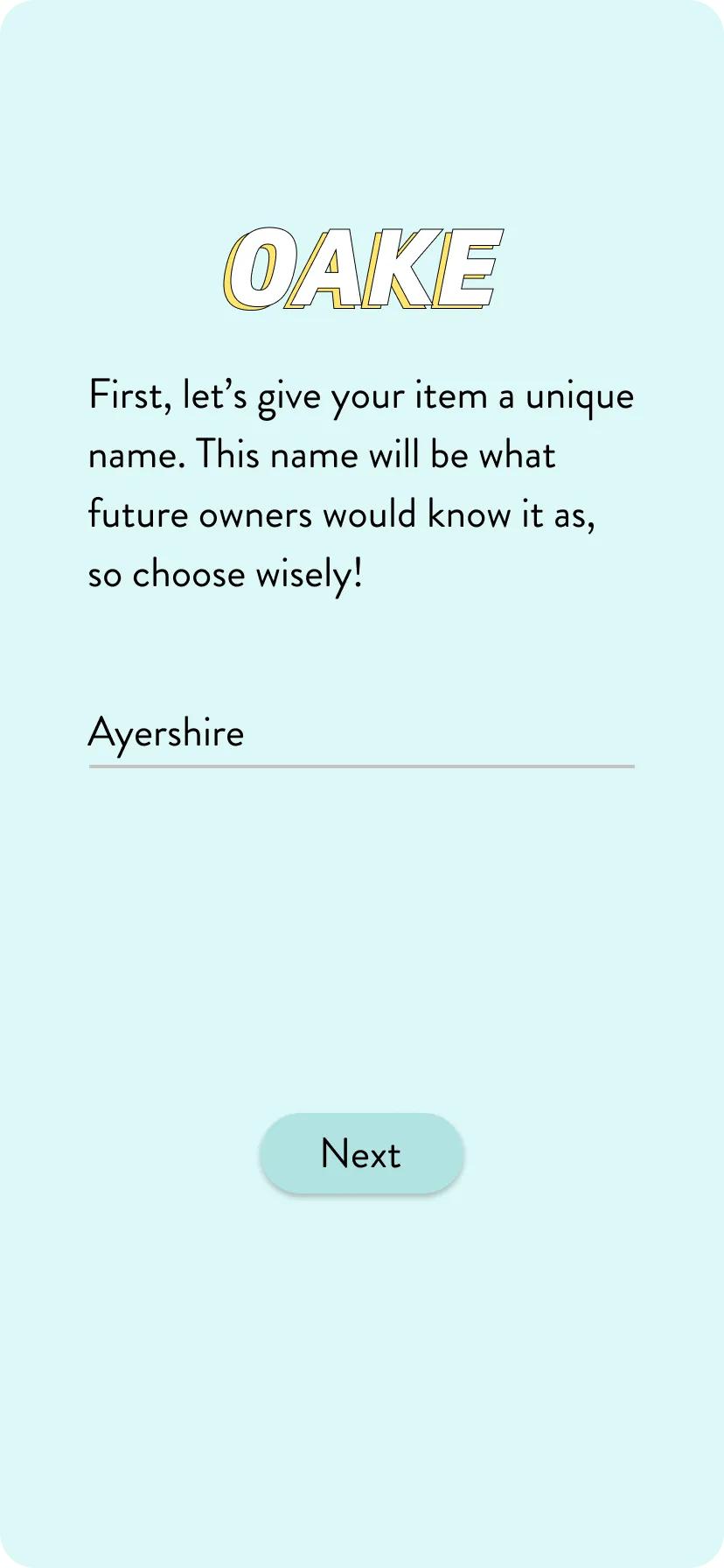 Intake screen asking the donor to name the garment, a single text field above a line saying future owners will know it by that name.