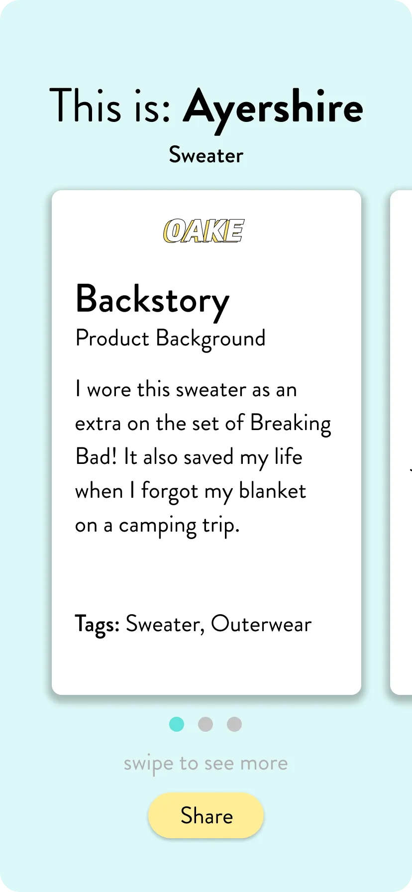 Shipped story card with sections labeled Backstory, Previous Owner, and What to Know.