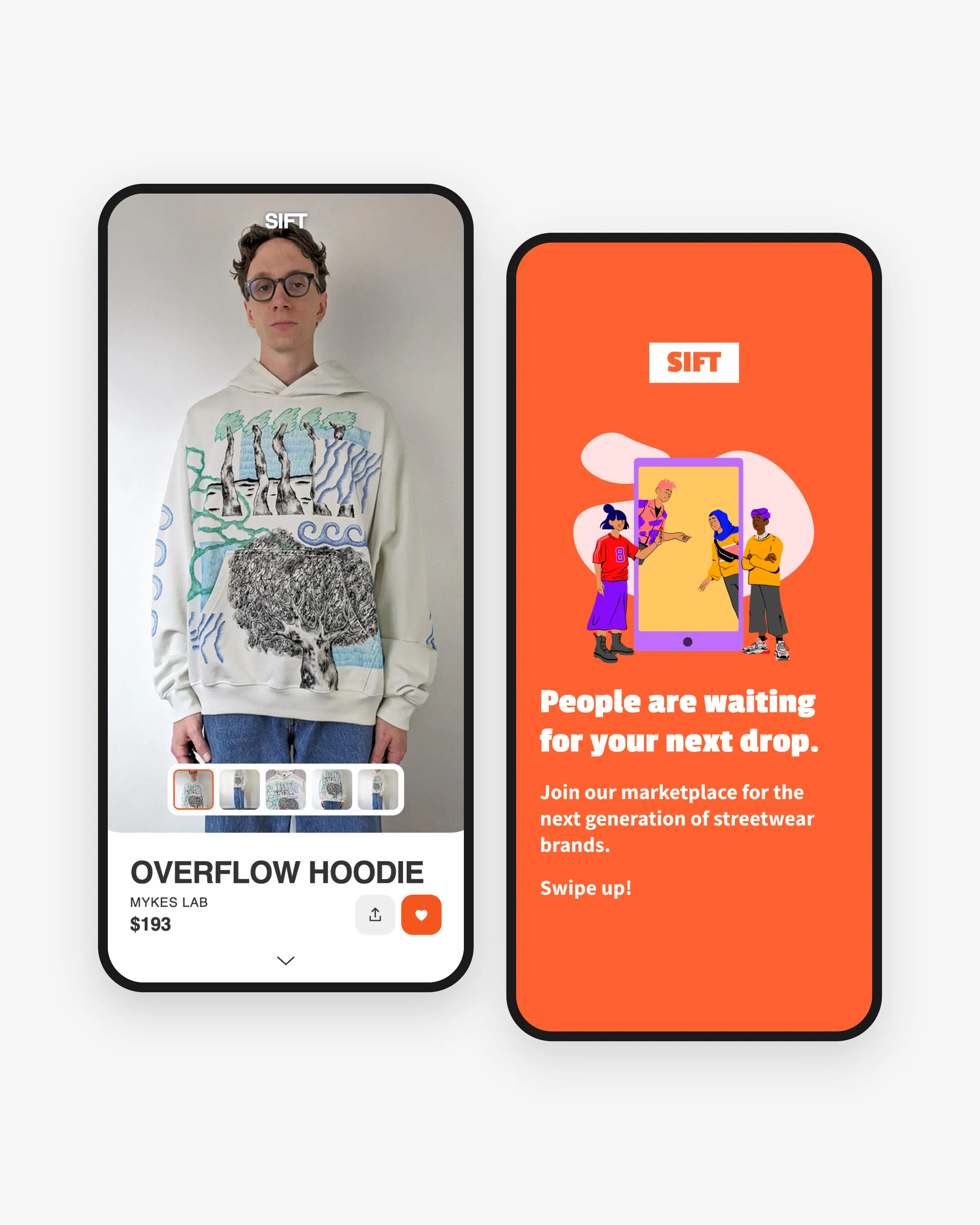 Two dark-framed phones showing the SIFT feed, each card carrying a product photo, item name, brand name, and price.