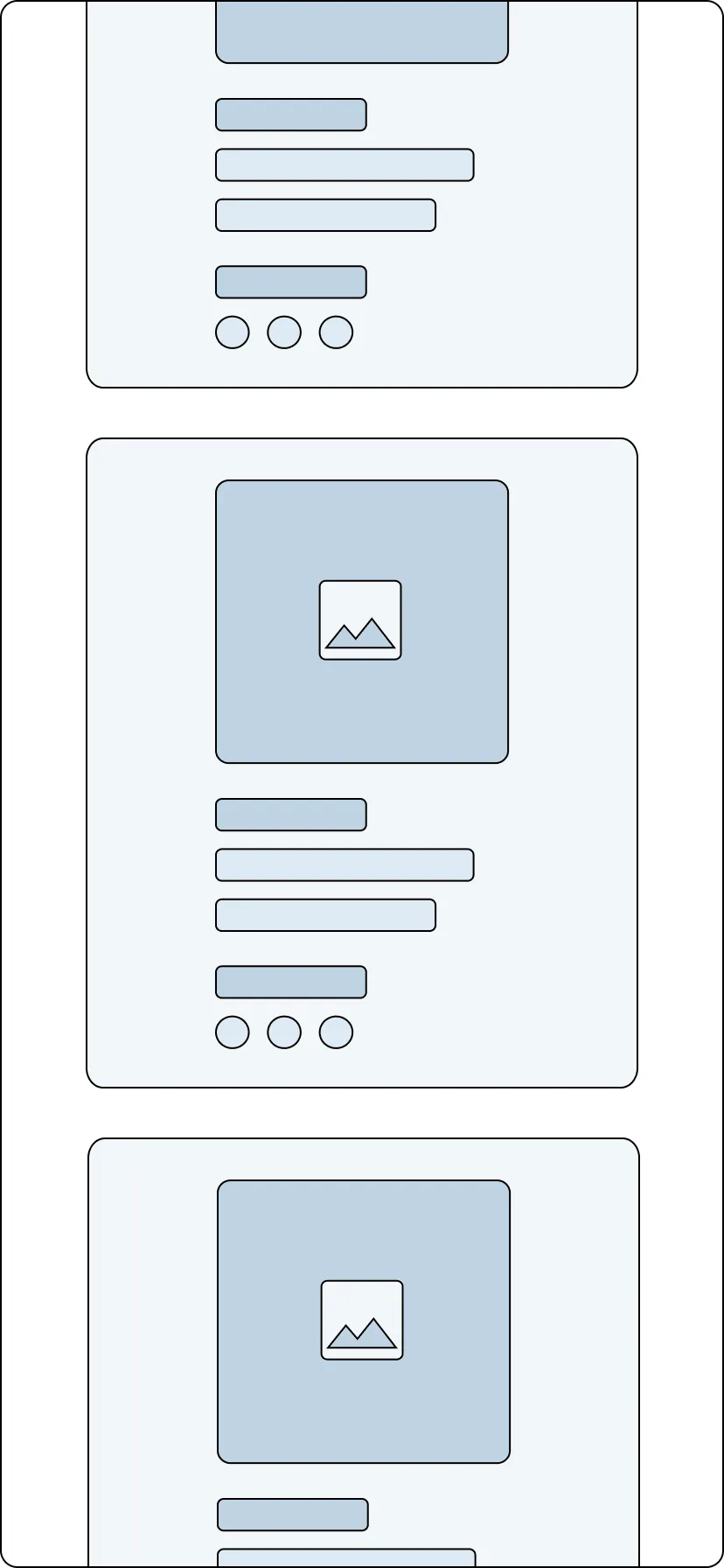 Later wireframe with navigation and category structure stripped out, leaving a single column of item cards.